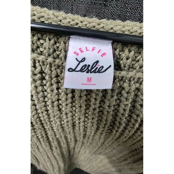 Selfie Leslie Sweater Olive Green Sz M Balloon Sleeves‎ Loose Off Shoulder Knit - Picture 5 of 10